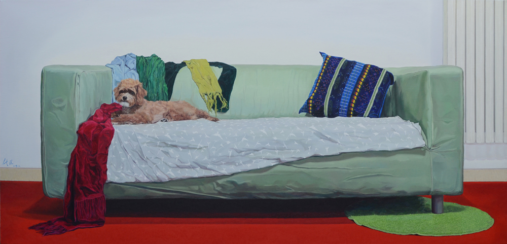 绿沙发与小嘻 布面油画 95x200cm 2013